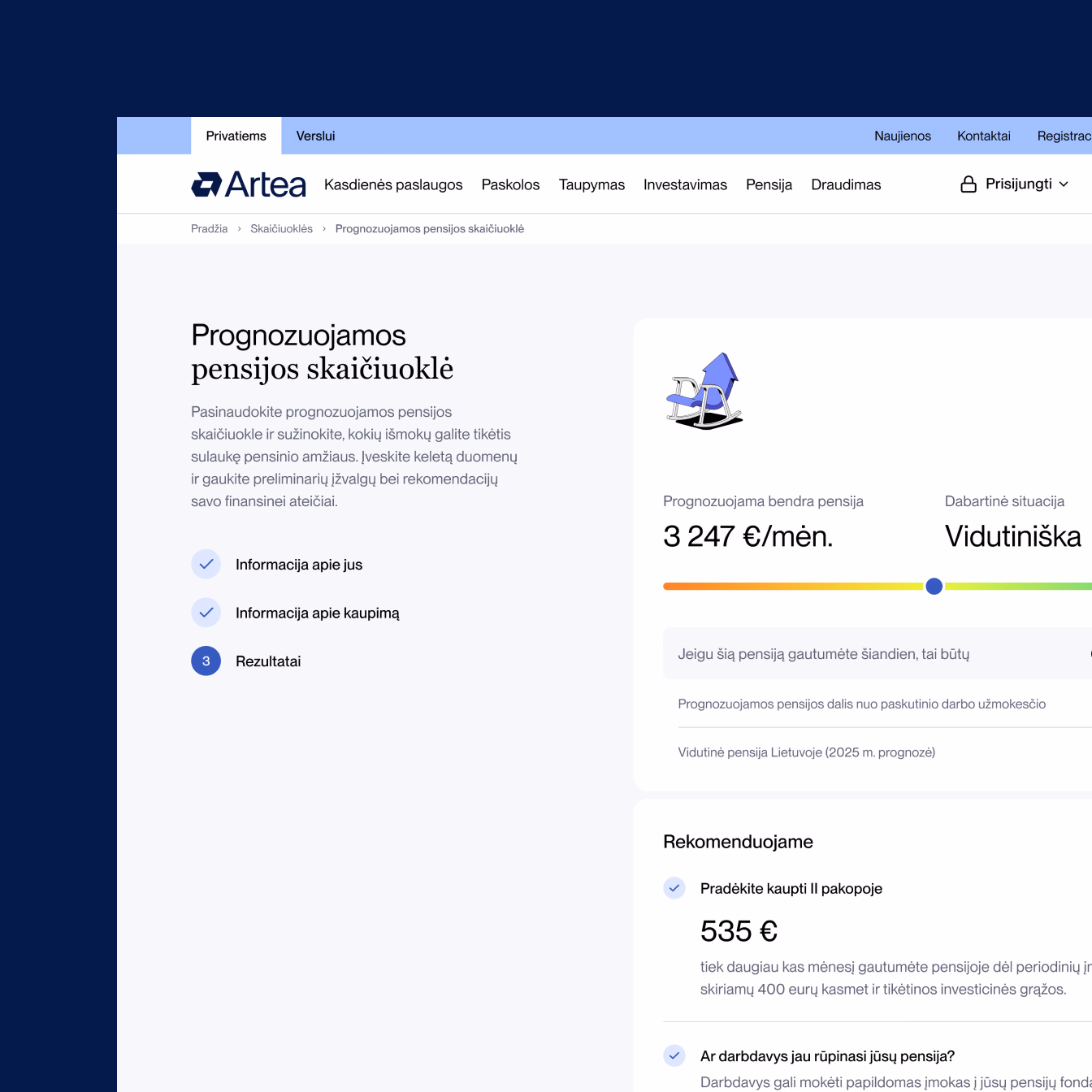 Artea pension calculator on a dark web interface