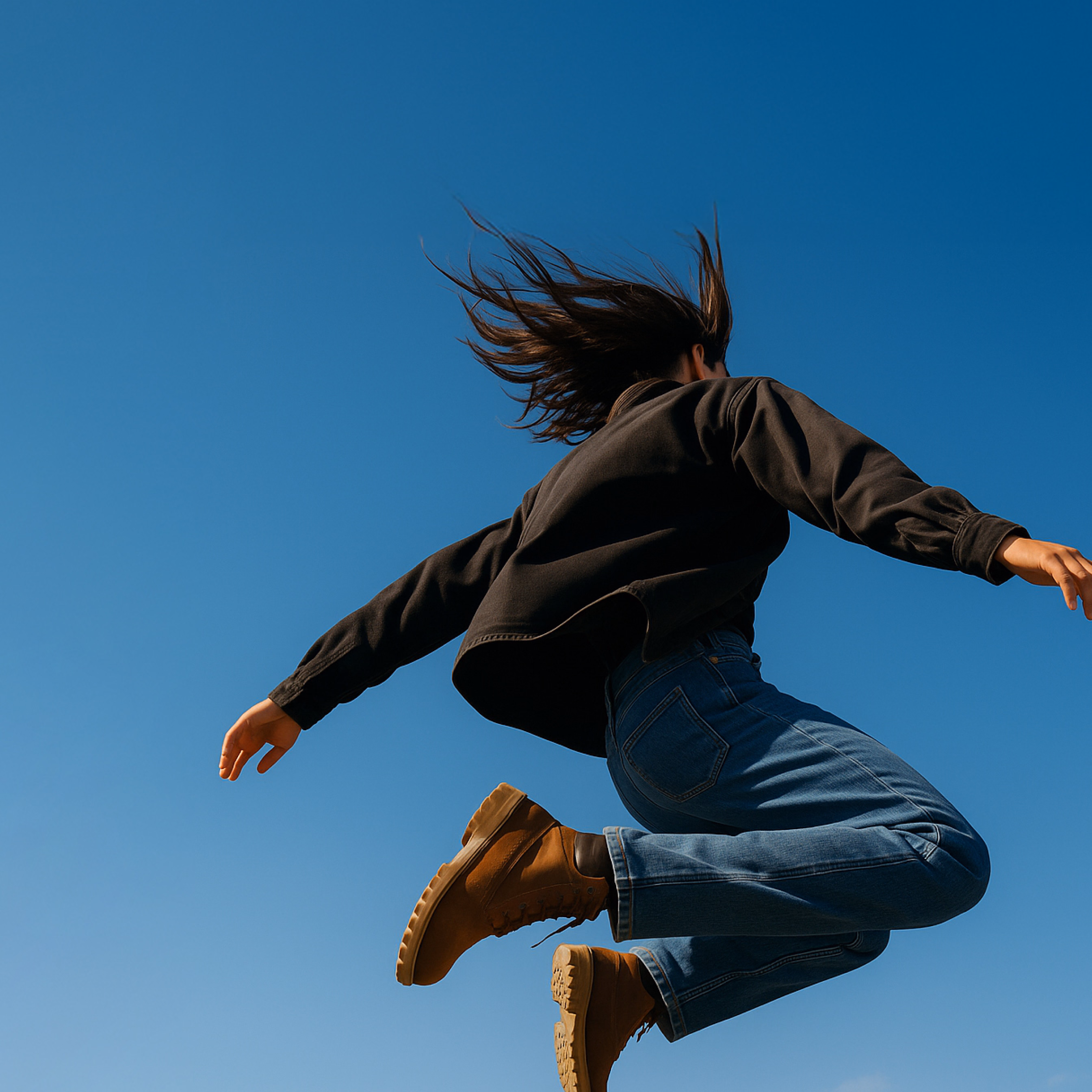 A person mid-jump against a clear blue sky, hair flying and arms outstretched, full of upward energy.