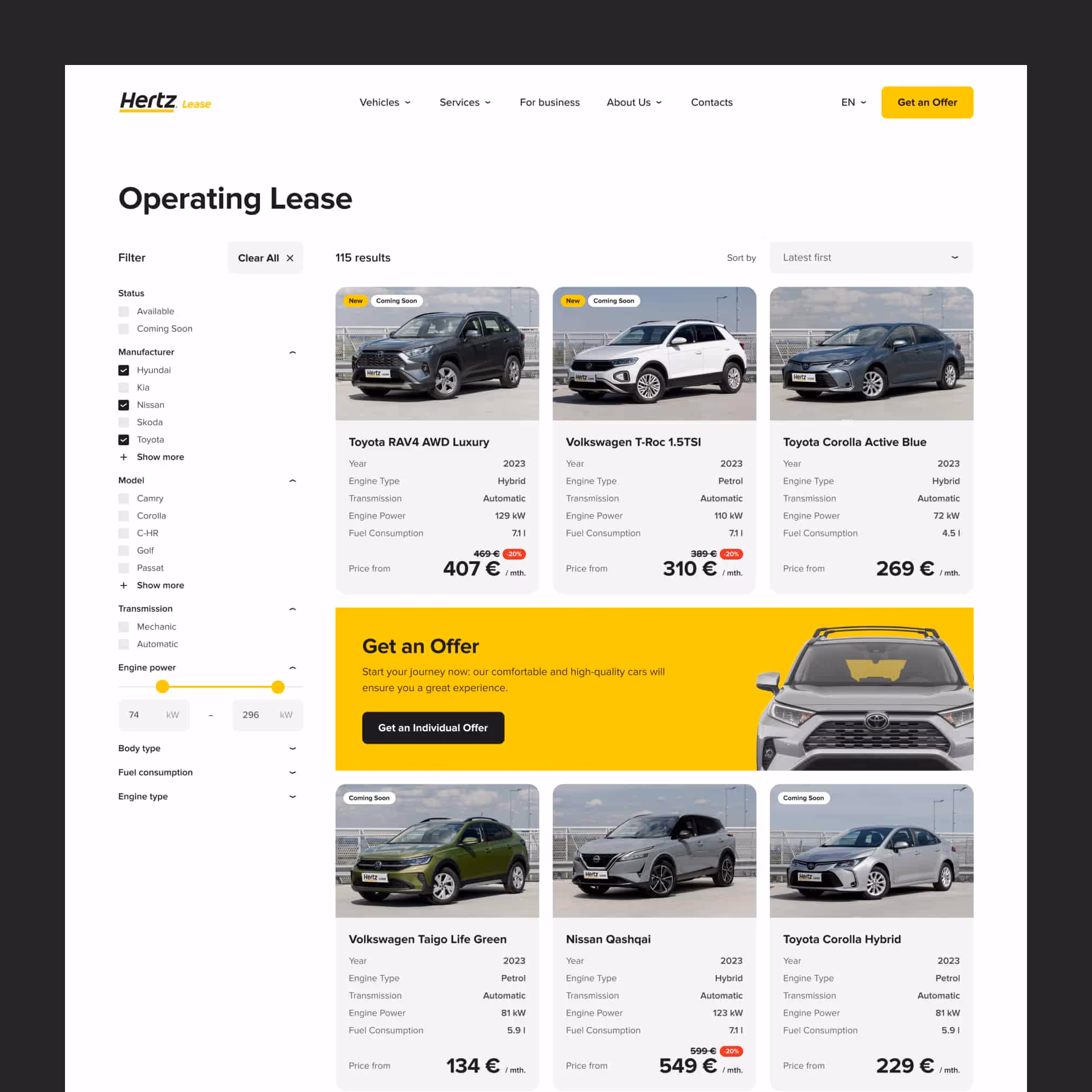 Operating Lease catalog - filter sidebar and a grid of car listings with monthly prices.