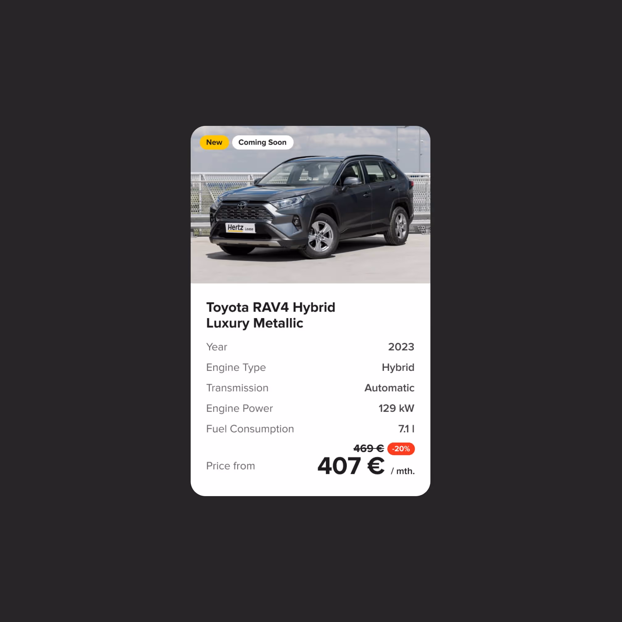 Toyota RAV4 Hybrid listing card - specs list and a discounted monthly lease price.