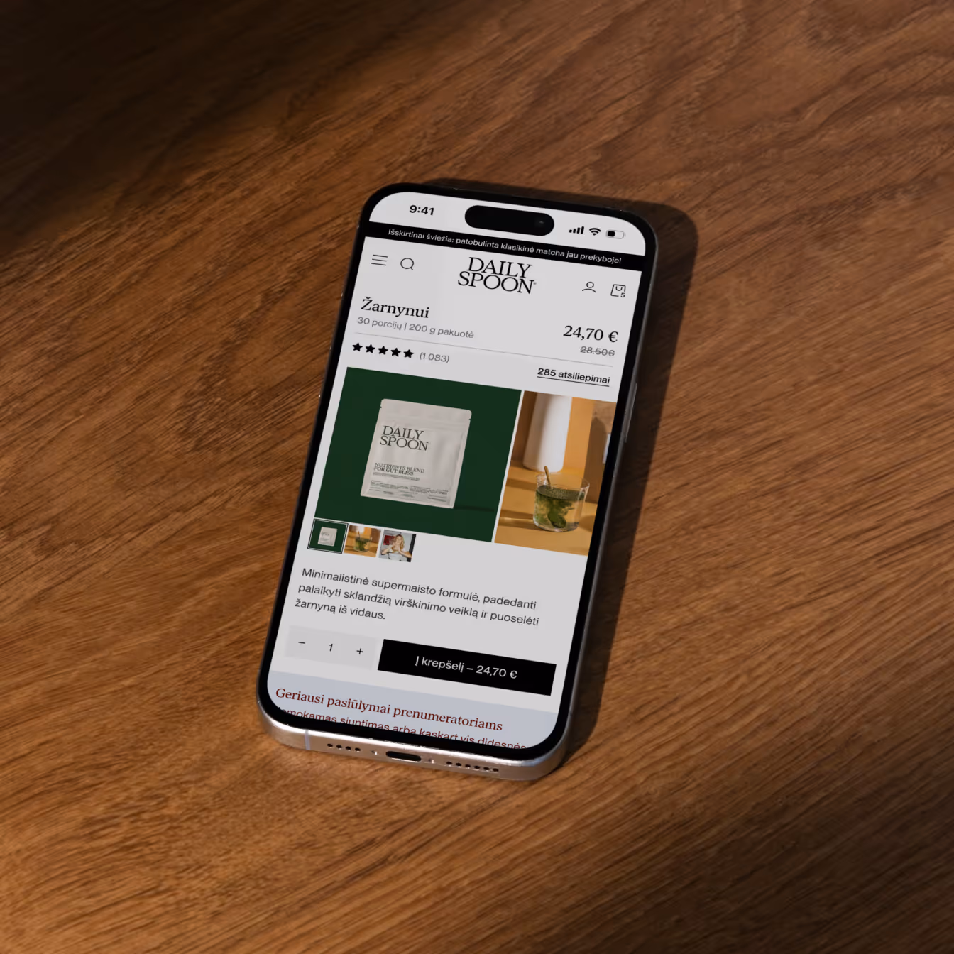 Daily Spoon žarnyno papildo puslapis telefone - nuotraukų galerija, atsiliepimai, kaina ir mygtukas „Į krepšelį“.