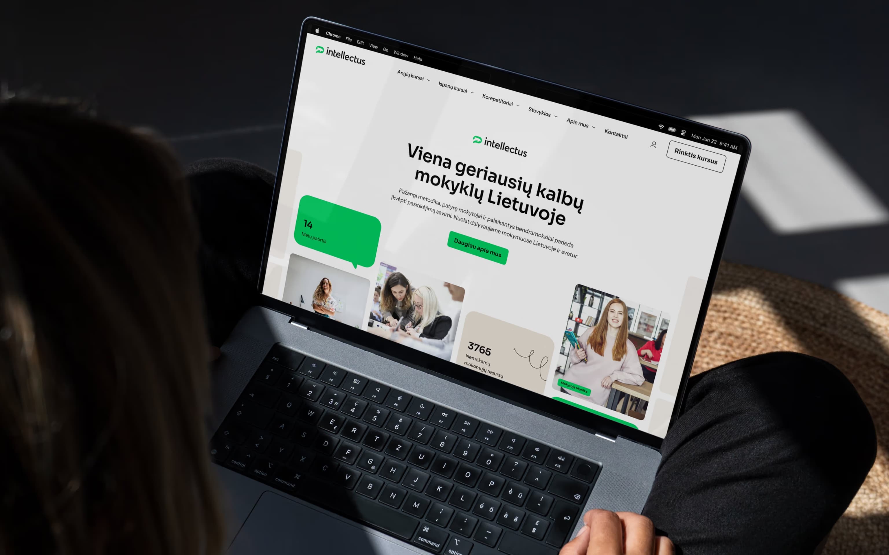 Intellectus' redesigned homepage open on a laptop screen - green branding, hero headline and course photos.
