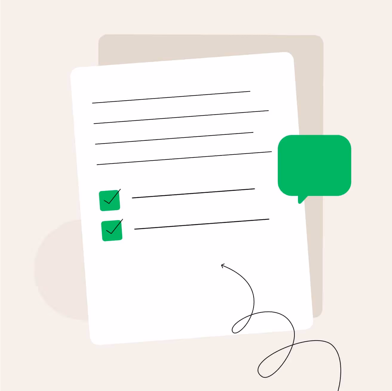 Illustration of a checklist form with two items ticked - a playful scribble and speech-bubble accent.