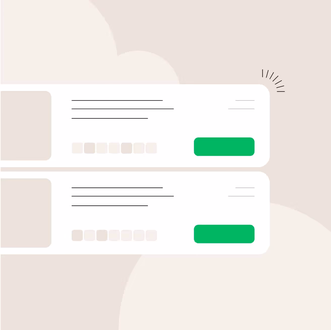 Illustration of stacked listing cards with green action buttons and a hand-drawn scribble accent.