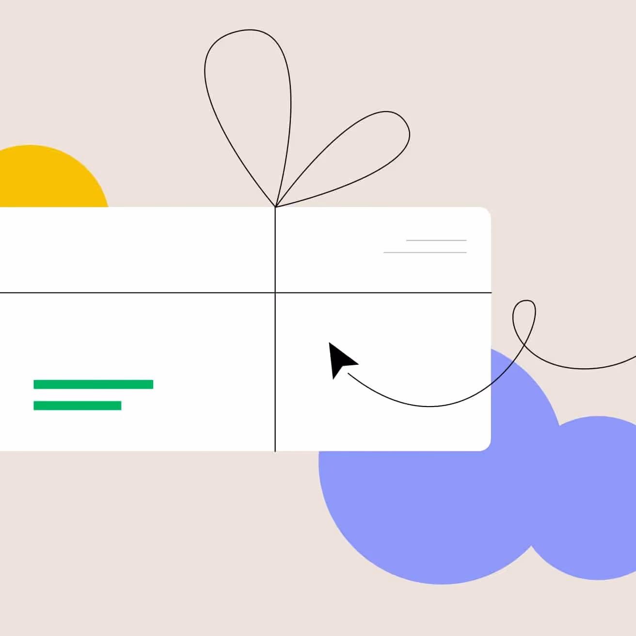 Illustration of a four-panel card with a scribble loop, cursor icon and a purple cloud shape.