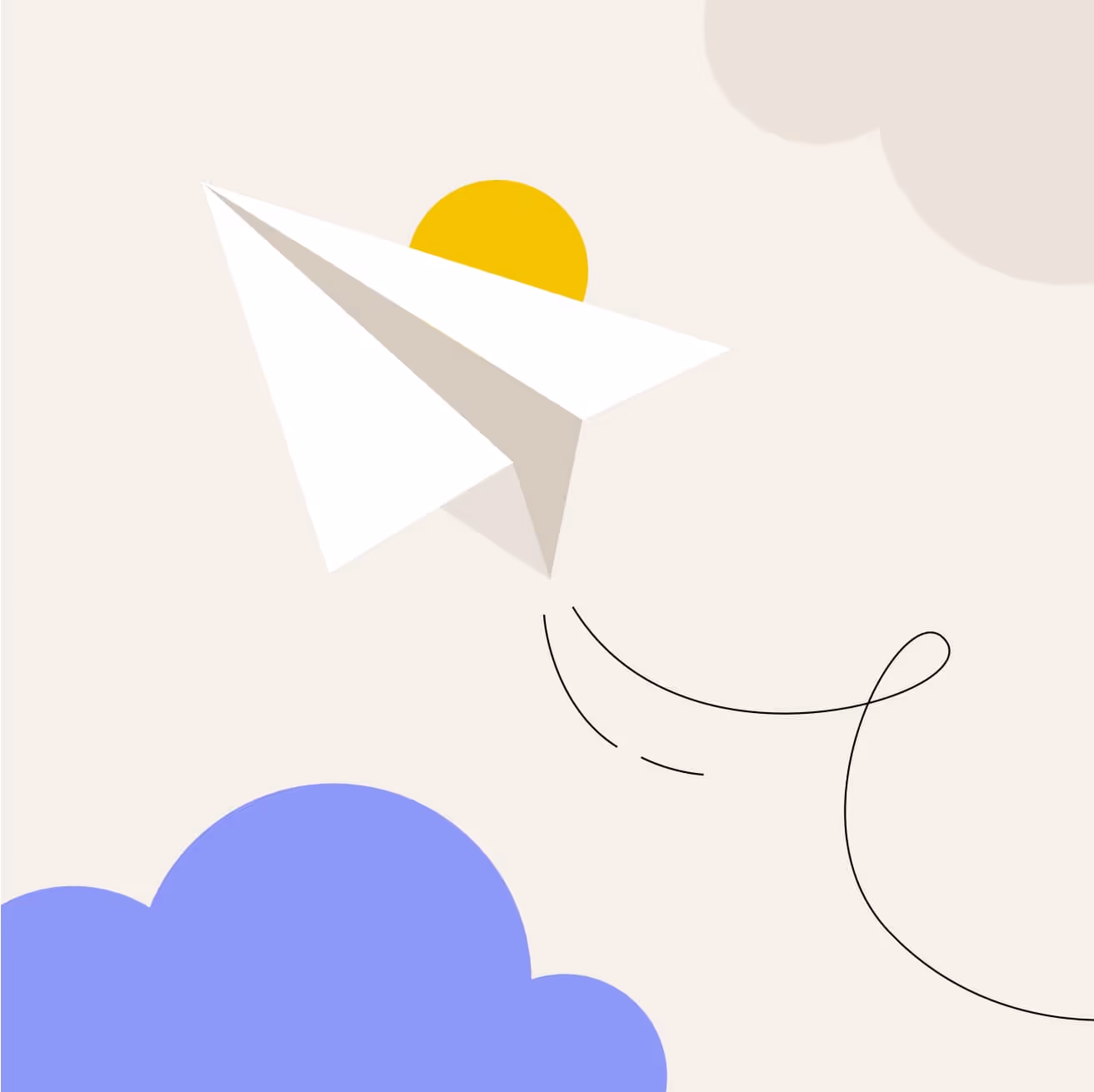 Illustration of a white paper airplane flying past a yellow sun and purple cloud, evoking a send action.
