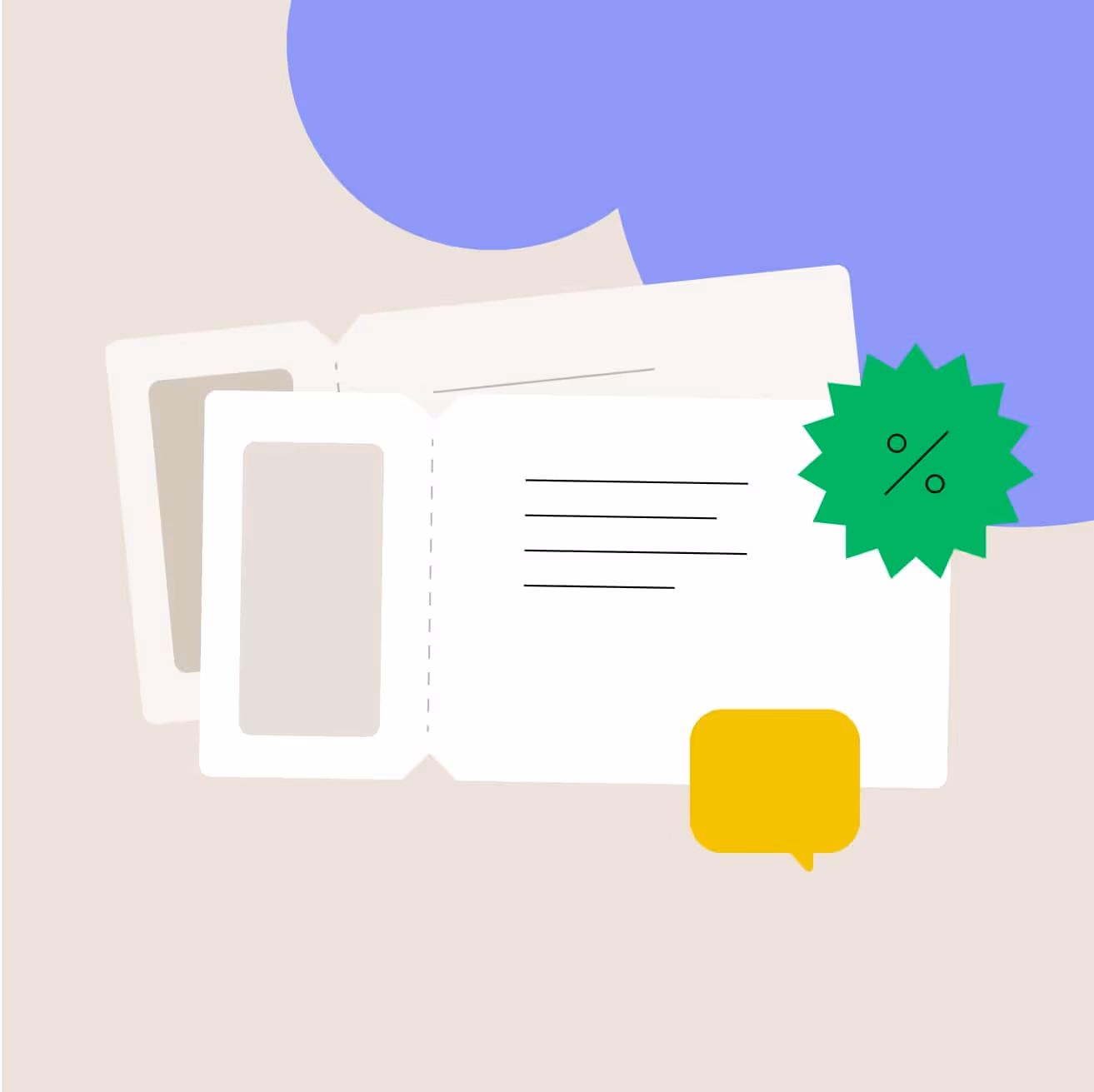 Illustration of tickets with a percent-off badge and a yellow speech bubble - the site's discount promo motif.