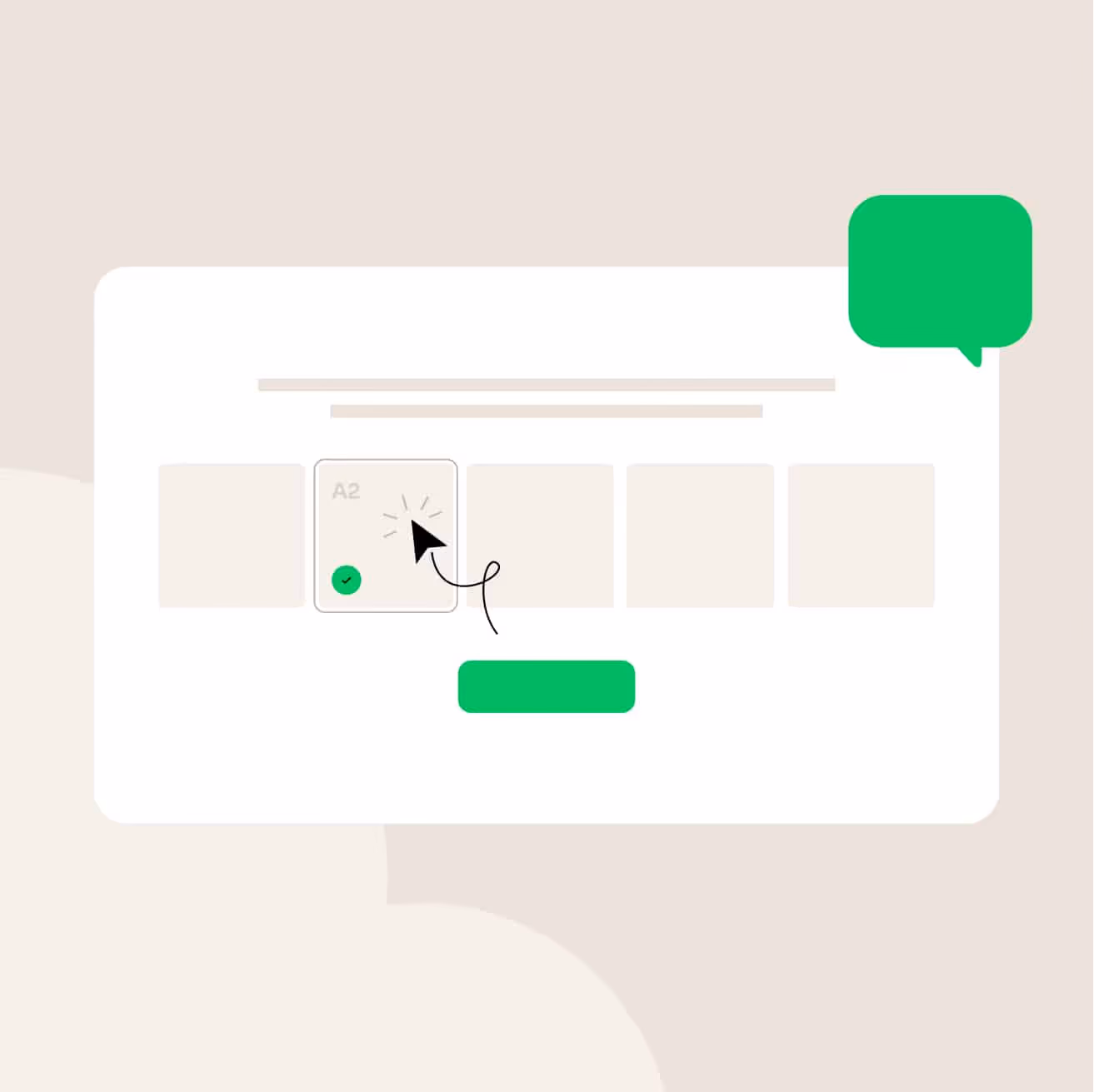 Illustration of a language-level test selector - A2 highlighted with a checkmark and a green speech bubble.