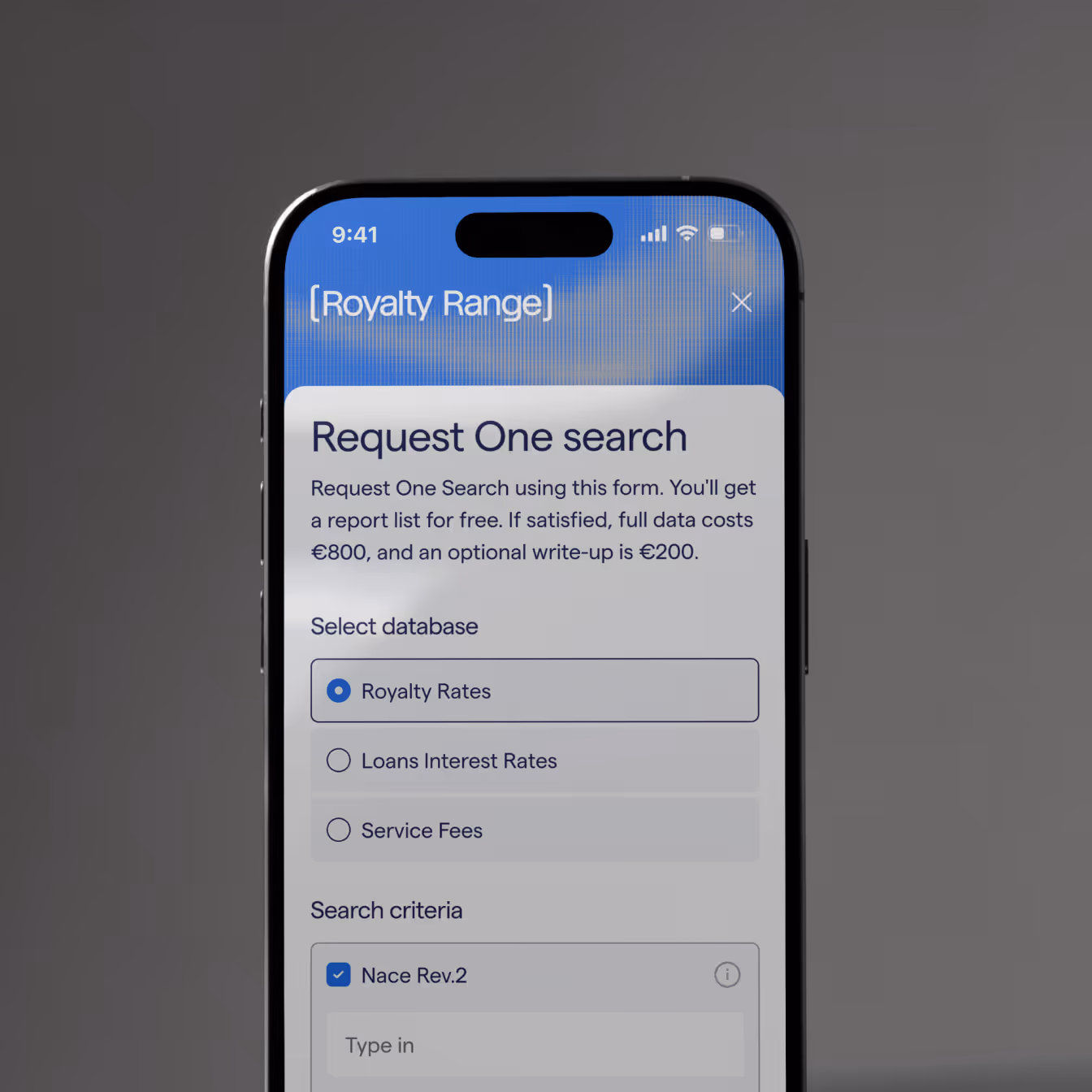 Royalty Range „One Search“ forma telefone - duomenų bazės pasirinkimas ir paieškos kriterijai.
